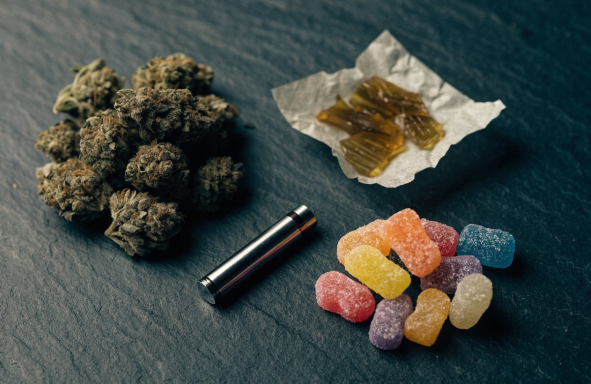Cannabis flower, amber shatter, a vape cartridge and gummies laid out on dark slate