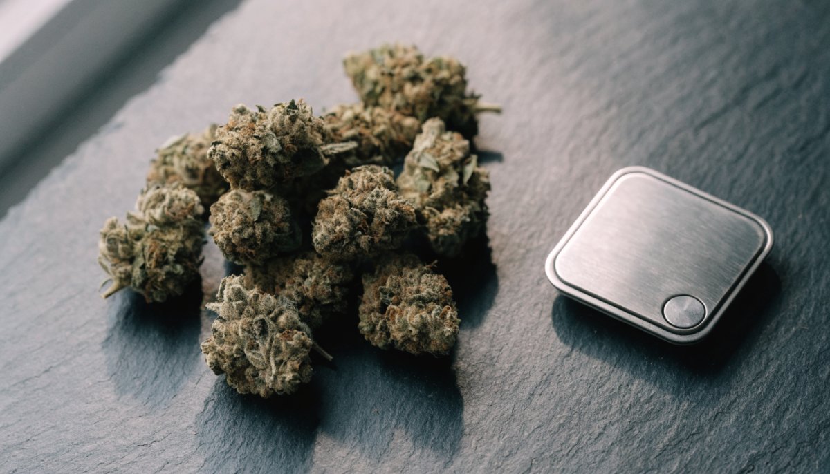 An ounce of dried cannabis flower beside a digital scale - Bud Cargo