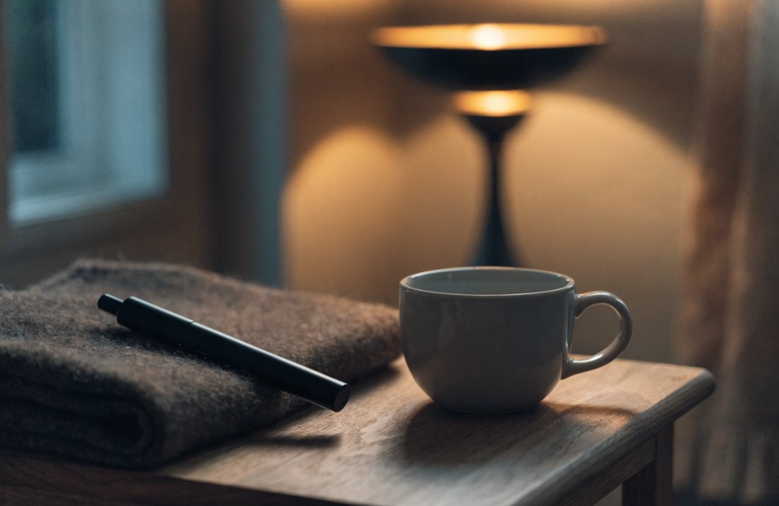 A THC vape pen resting on a side table in a relaxed evening setting - Bud Cargo