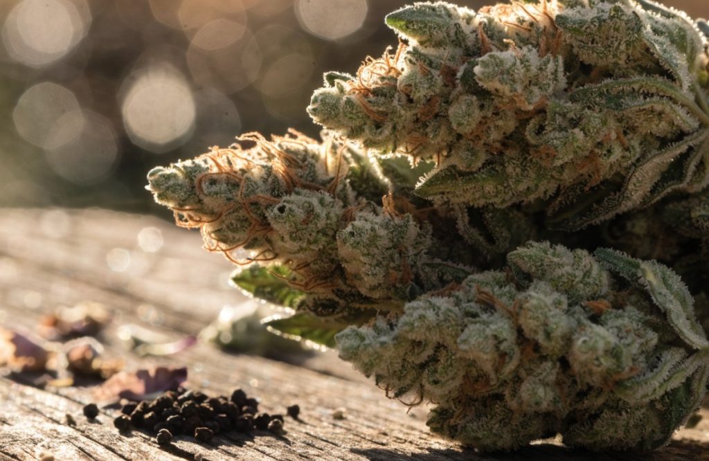 Large spade-shaped AK-47 cannabis buds with frosty trichomes and orange hairs on a weathered wooden table in warm afternoon light