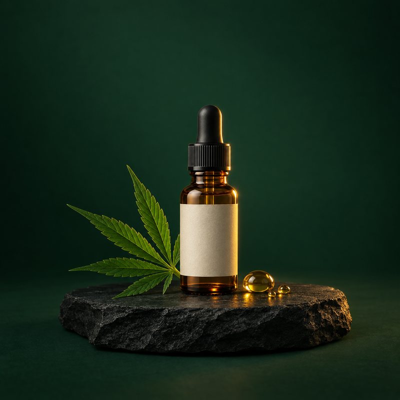 CBD oil tincture and hemp leaf