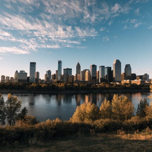 Calgary skyline across the Bow River in autumn