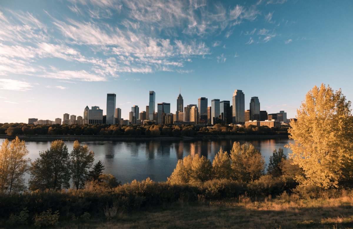 Calgary skyline across the Bow River in autumn