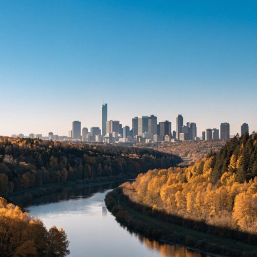 Edmonton skyline above the North Saskatchewan River valley in autumn