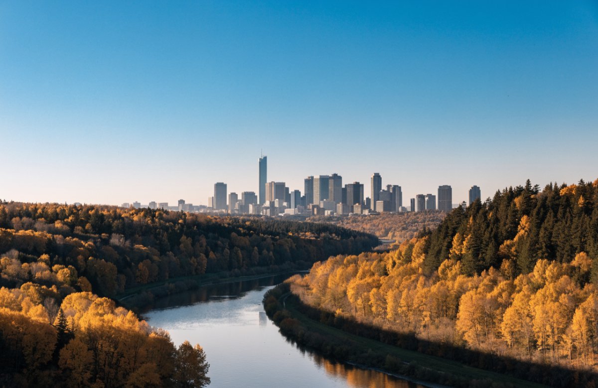 Edmonton skyline above the North Saskatchewan River valley in autumn