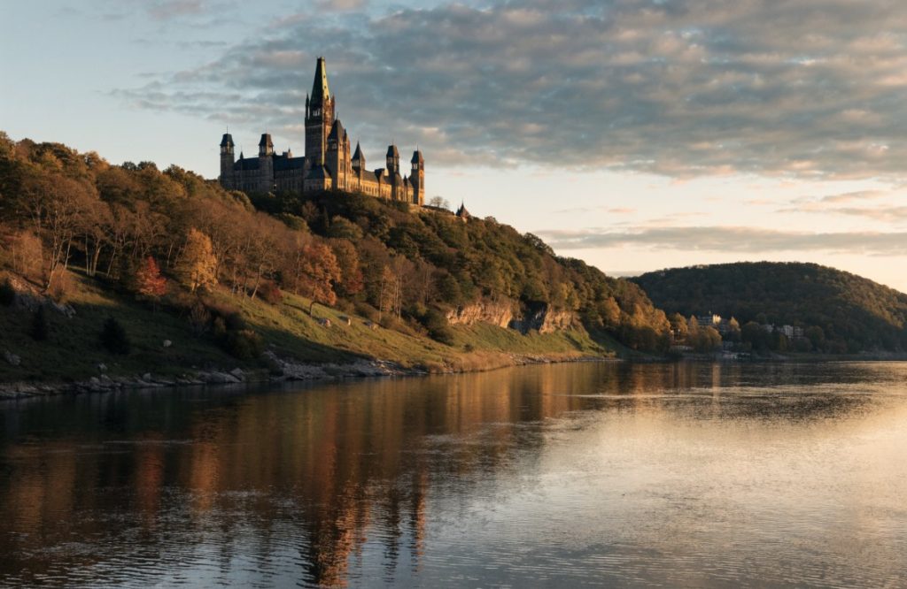 Ottawa Parliament buildings above the Ottawa River at sunset