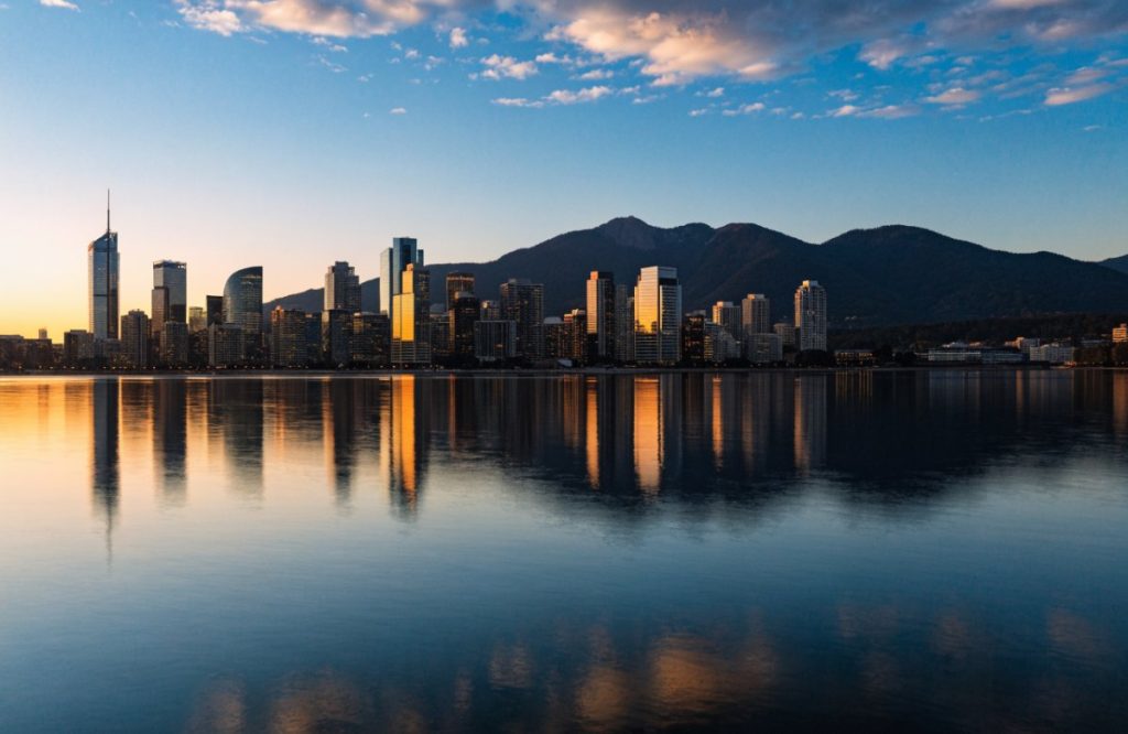 Vancouver skyline and North Shore mountains at sunset