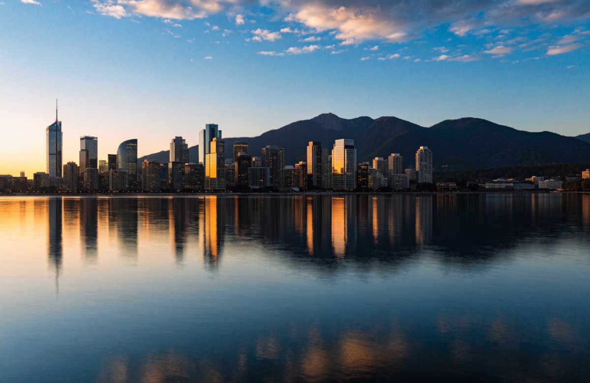 Vancouver skyline and North Shore mountains at sunset