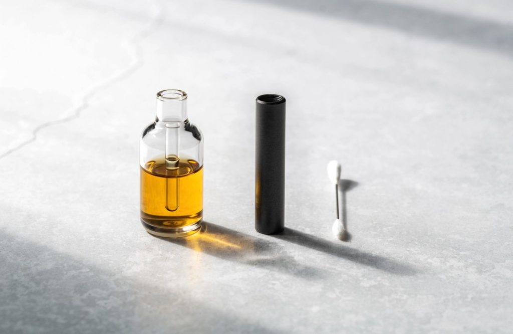 Glass 510 vape cartridge with amber oil next to a black vape battery and a cotton swab for cleaning the contacts