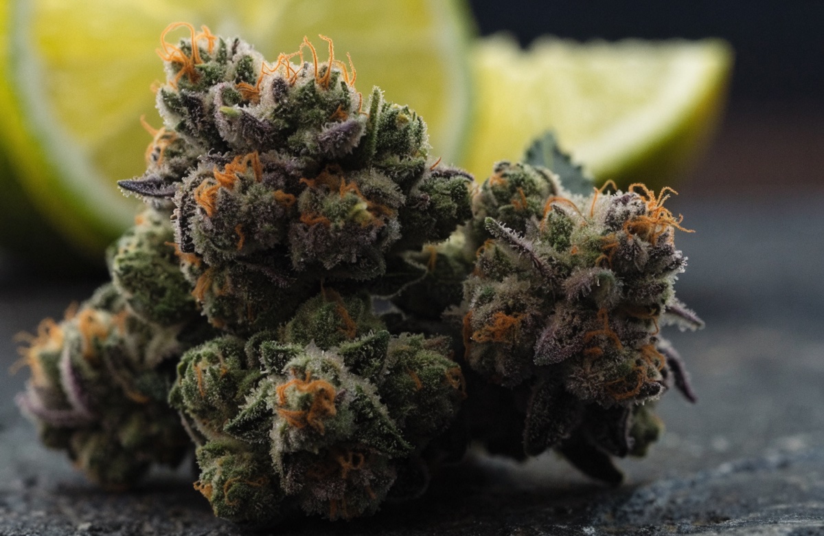Dense, frosty forest-green Do-Si-Dos cannabis buds with orange pistils and purple hints on a dark stone surface in front of lime wedges