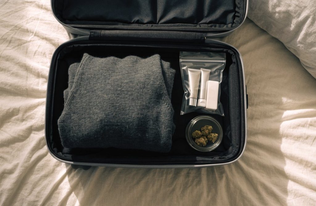 An open grey carry-on suitcase packed with a folded sweater, a clear toiletry bag and a small sealed glass jar of cannabis buds