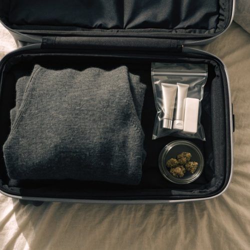 An open grey carry-on suitcase packed with a folded sweater, a clear toiletry bag and a small sealed glass jar of cannabis buds