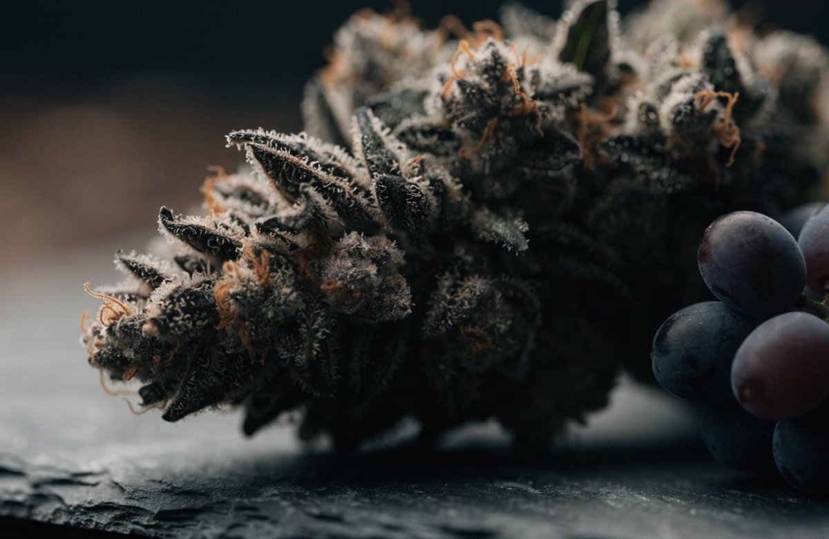 A dense, frosty dark-purple Grape Ape cannabis bud with orange pistils on dark slate beside a cluster of purple grapes
