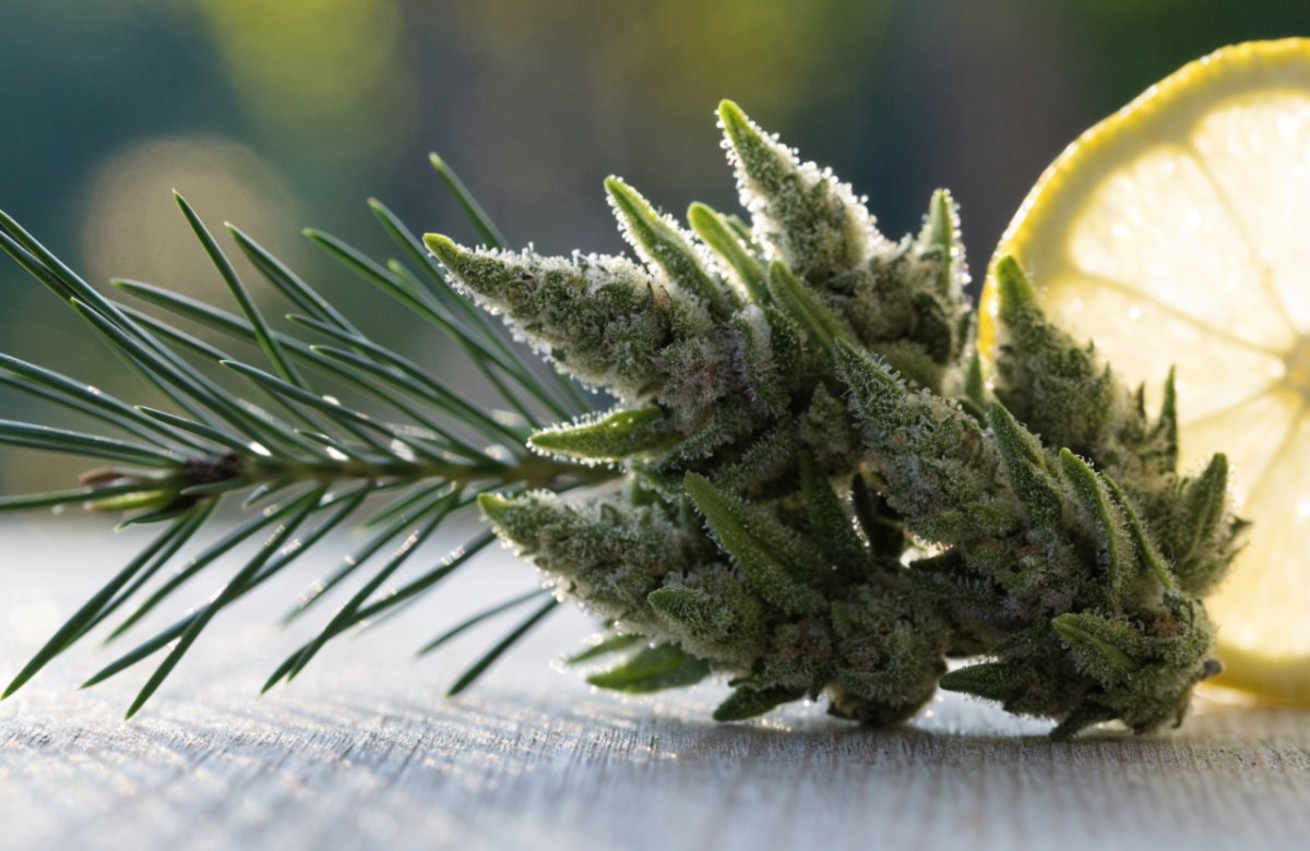 Lime green sativa cannabis buds covered in trichomes beside a sprig of pine needles and a lemon slice on light wood