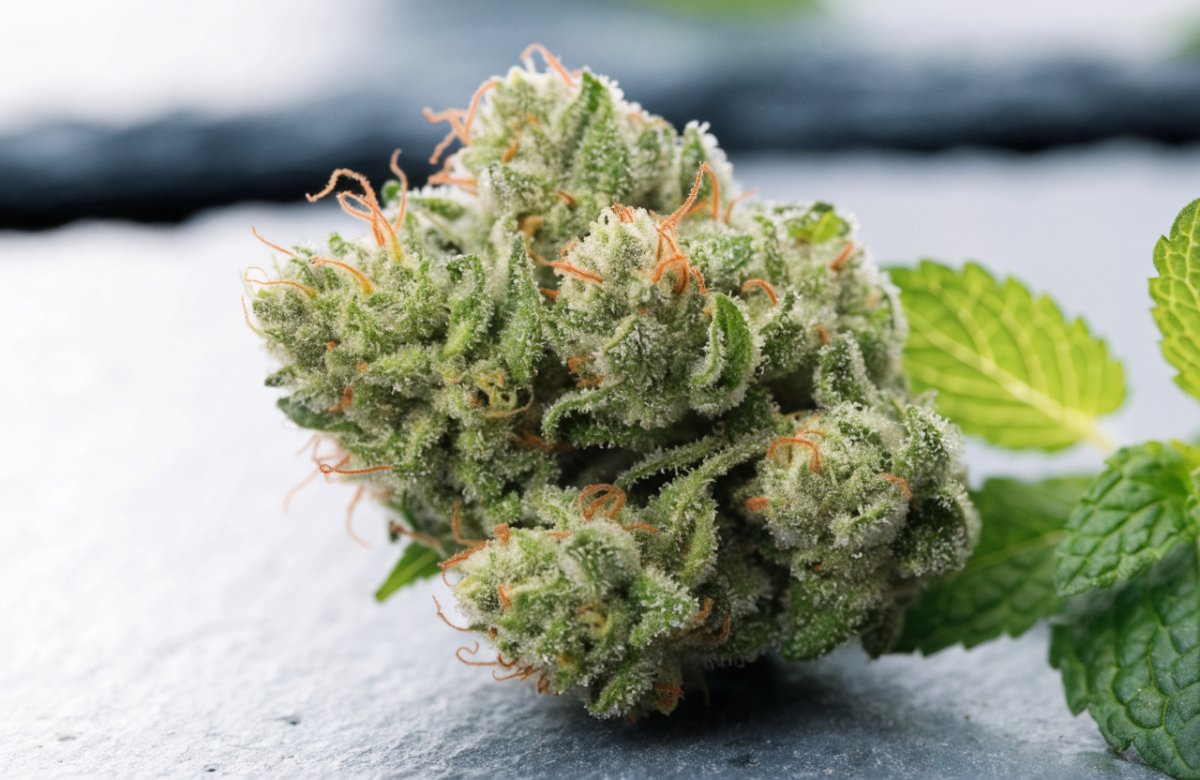 Frosty Khalifa Mints cannabis bud with orange pistils on a cool grey slate surface beside fresh mint leaves