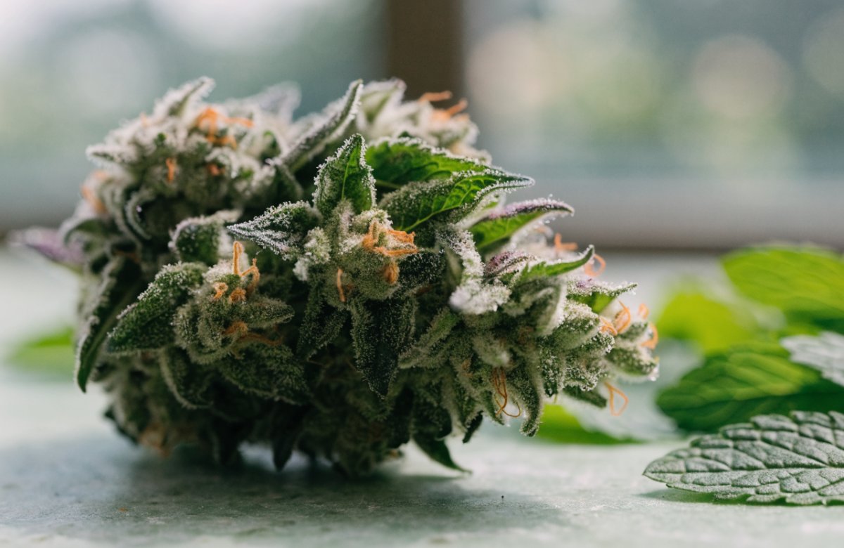 Frosty Kush Mints cannabis bud with orange pistils on a pale green stone surface beside fresh mint leaves