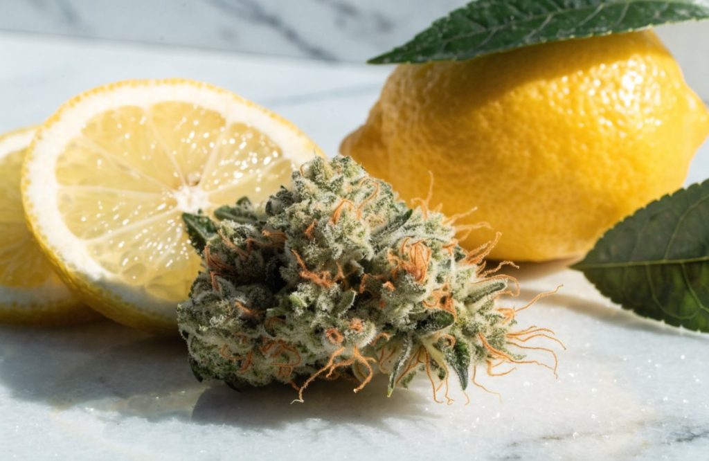 Fluffy light-green Lemon Haze cannabis bud with orange hairs on white marble beside fresh lemon slices