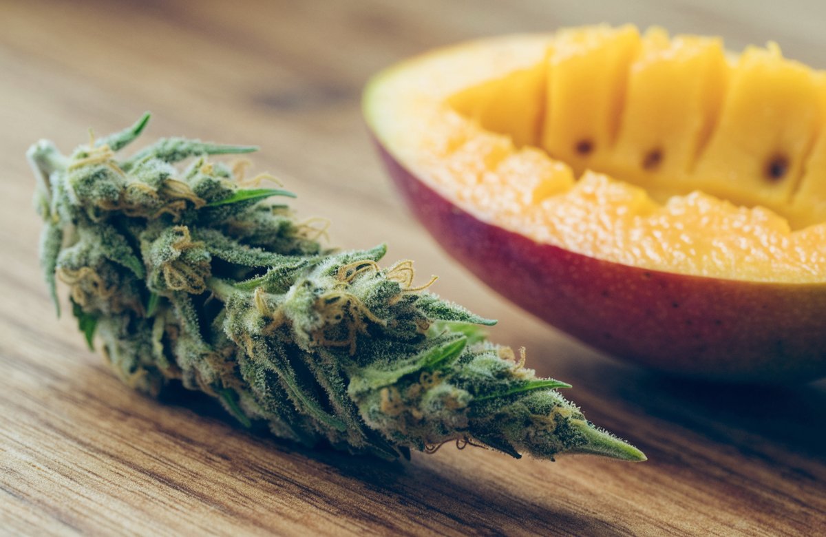 An elongated lime-green Mango Haze cannabis bud with golden hairs on a wooden board beside a halved ripe mango