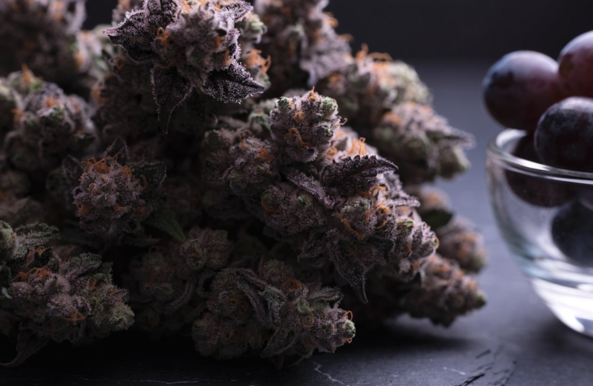 Dense purple and green Purple Drank cannabis buds with orange pistils on dark slate beside a glass bowl of purple grapes