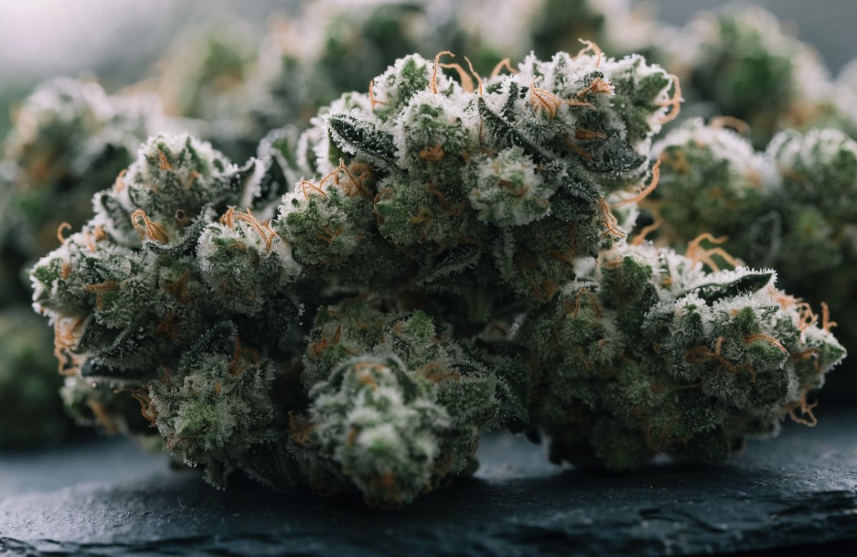 Close-up of frosty Snow Leopard cannabis buds coated in white trichomes on dark slate