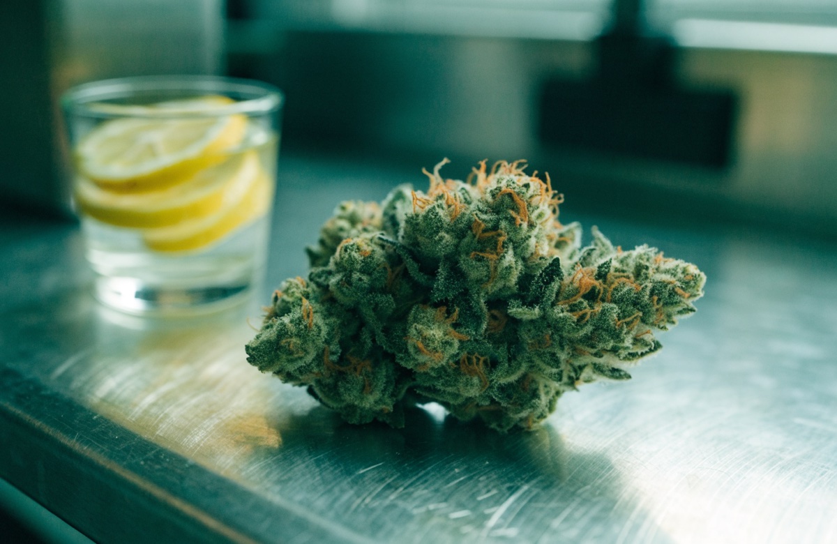 A dense frosty lime-green Sour Diesel cannabis bud with orange pistils on a brushed steel bench beside a small glass of lemon slices