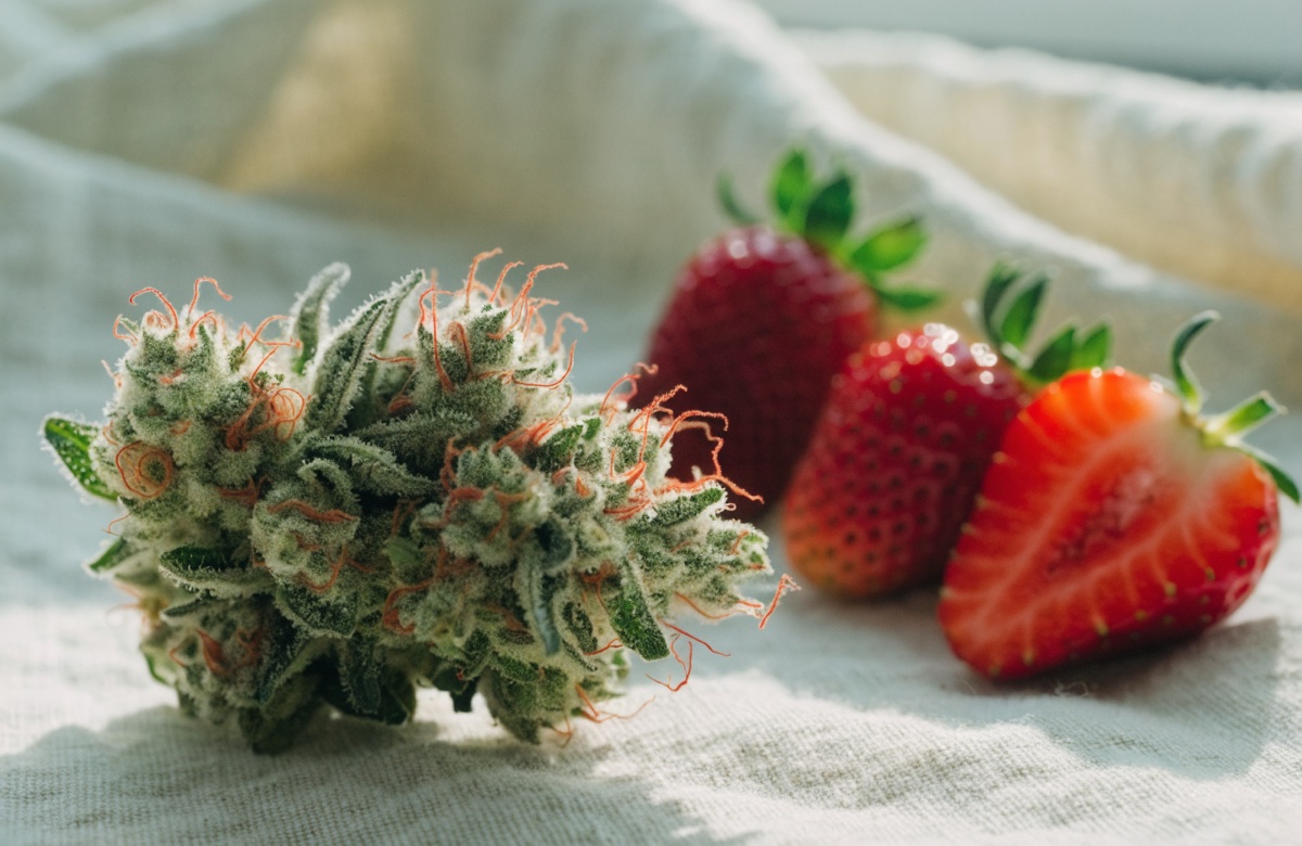 A fluffy light-green Strawberry Cough cannabis bud with red-orange pistils on pale linen beside fresh strawberries, one cut in half