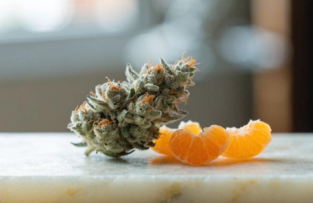 A frosty light-green Tangerine Haze cannabis bud with bright orange pistils on pale stone beside peeled tangerine segments