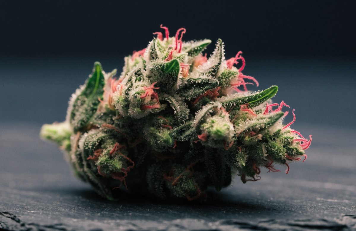 Close-up of a dense Tom Ford Pink Kush style indica bud with frosty trichomes and bright pink pistils