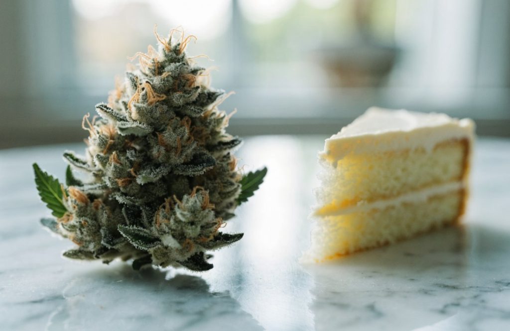 Frosty pine-tree-shaped Wedding Cake cannabis bud with orange hairs on white marble beside a slice of vanilla layer cake