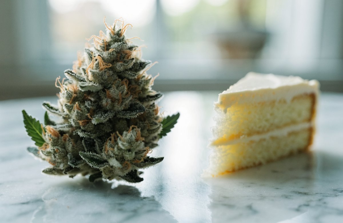 Frosty pine-tree-shaped Wedding Cake cannabis bud with orange hairs on white marble beside a slice of vanilla layer cake