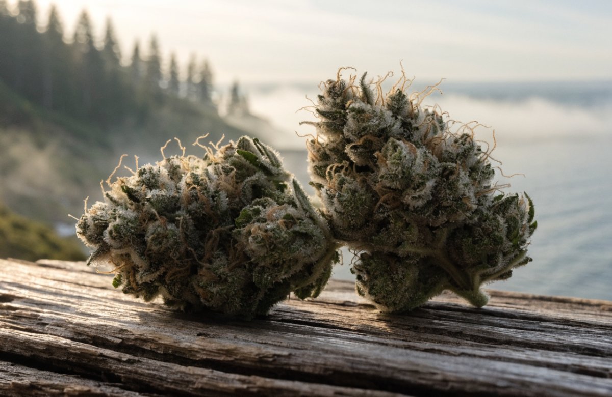 Two frosty green West Coast Kush cannabis buds on weathered driftwood with a misty Pacific coastline and evergreen forest behind
