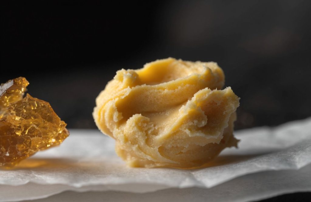 Creamy golden cannabis budder on parchment next to a piece of amber shatter